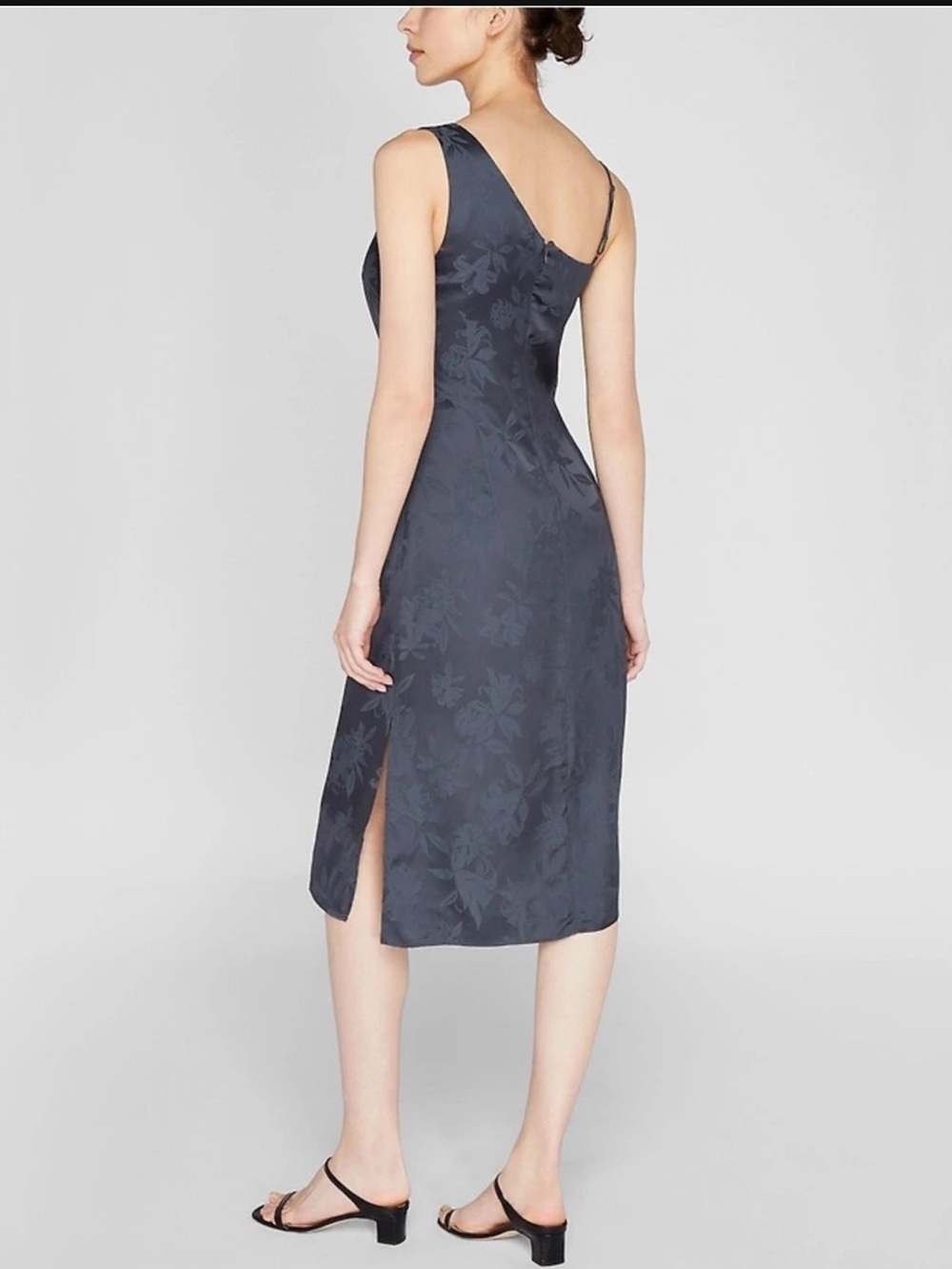 267. Club Monaco One-Shoulder Satin Midi Dress in Charcoal